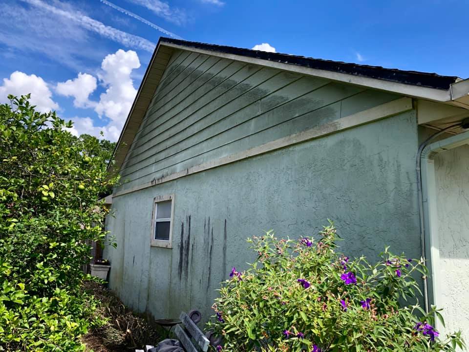 Side of a house in Avalon Park before pressure washing, with visible dirt and mildew stains on the exterior wall