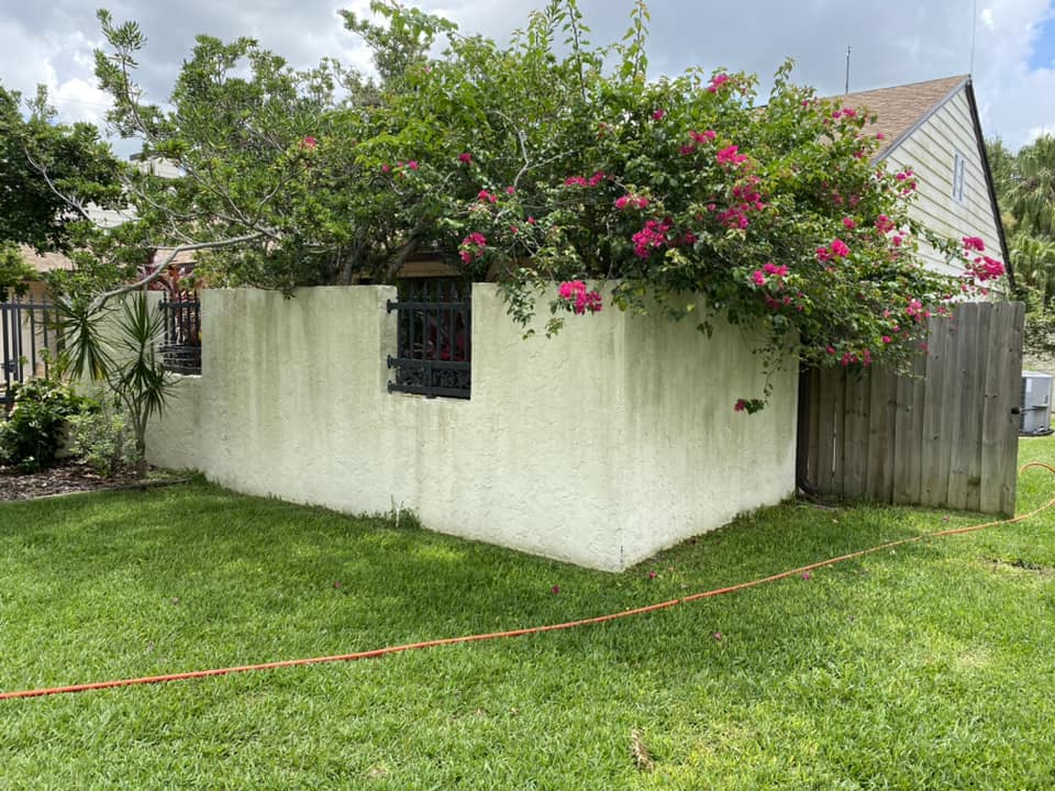 Stucco wall in Avalon Park before pressure washing, showing dirt buildup and discoloration